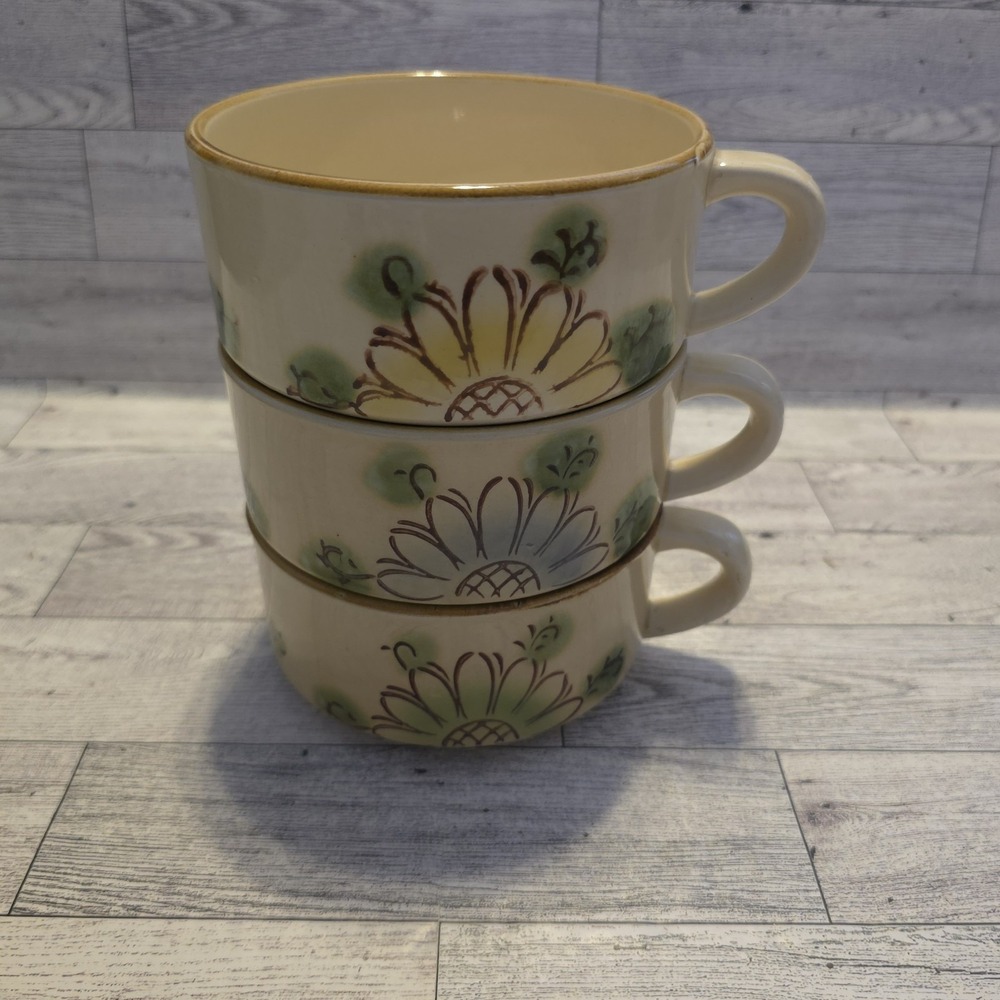 Vintage Norleans Stackable Tundra Sunflower Soup Bowls Mugs Set Of 3
